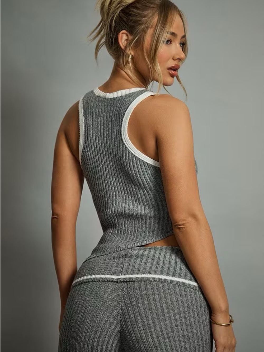 EGO Gray Ribbed Flare Pants & Tank Set with White Trim - Picture 3 of 7